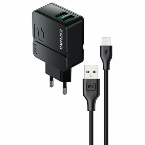 Exployd Сетевое зарядное устройство Exployd EX-Z-1440, 2 USB, 2.4 А, кабель microUSB, черное