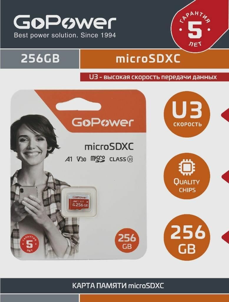Карта памяти microSD GoPower 256GB Class10 UHS-I (U3) 100 МБ/сек V30 без адаптера