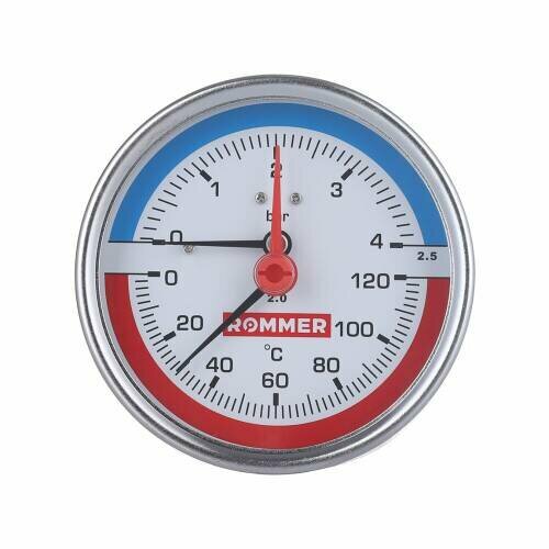 Термоманометр аксиальный ROMMER RIM-0005 - 1/2 (D80 мм, шкала 0-120°C/0-10 бар с запорным клапаном)