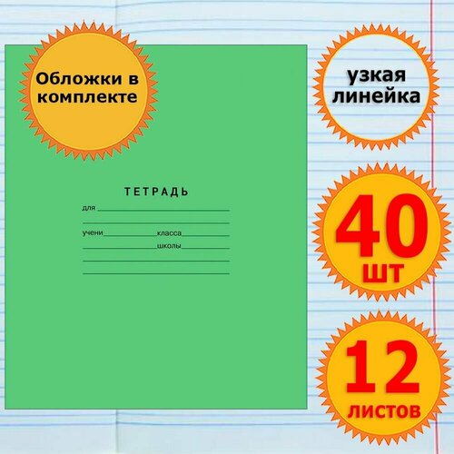 Тетрадь школьная для учебы в узкую линейку 12 листов с обложкой 60 мкр Комплект 40 штук Классика, узкая линейка, Зеленая