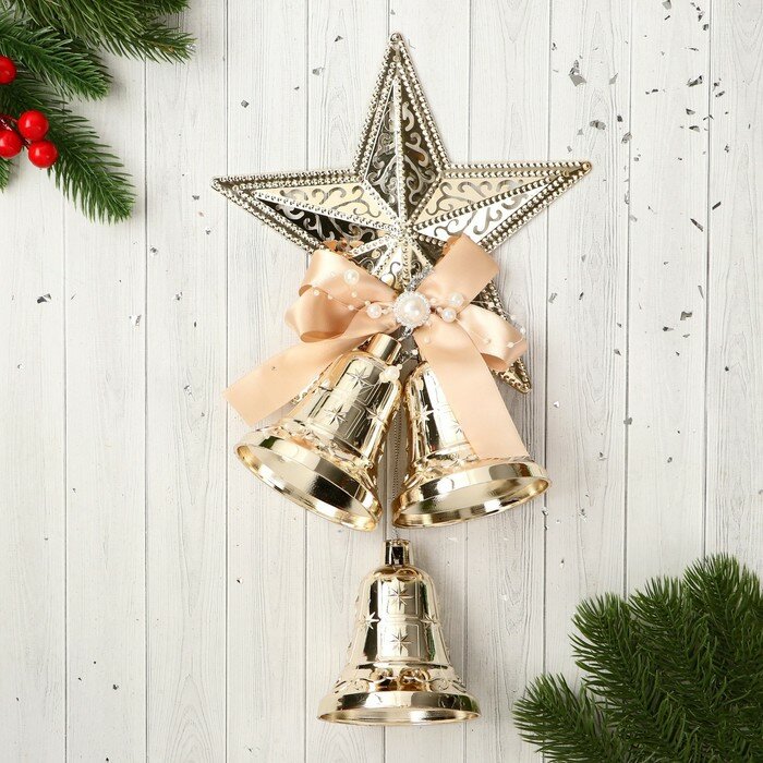 Украшение новогоднее "Уютная сказка" колокольчики звезда бант бусинки, 16х31 см, золото 9692792
