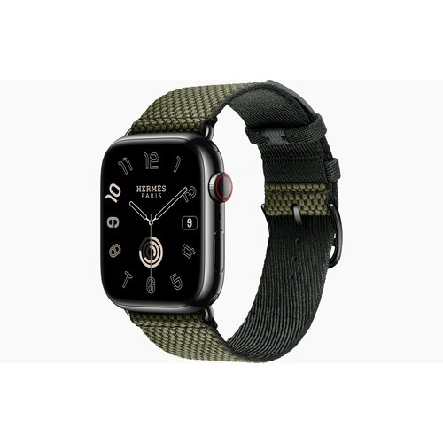 Apple Watch Hermès Series 9 GPS + Cellular, 45mm Space Black Stainless Steel Case with Vert/Noir Toile H Single Tour