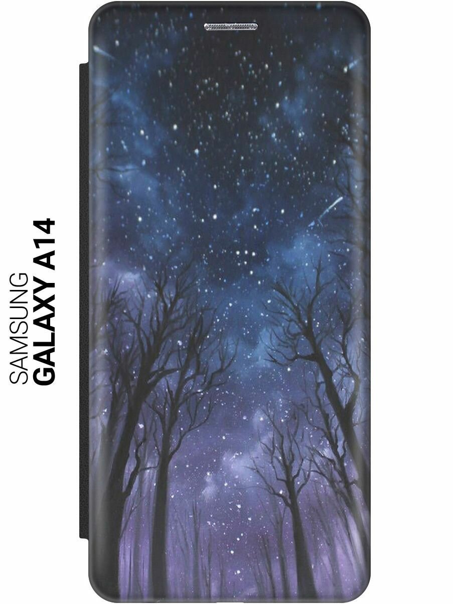 Чехол-книжка на Samsung Galaxy A14, Самсунг А14 c принтом "Ночной лес" черный