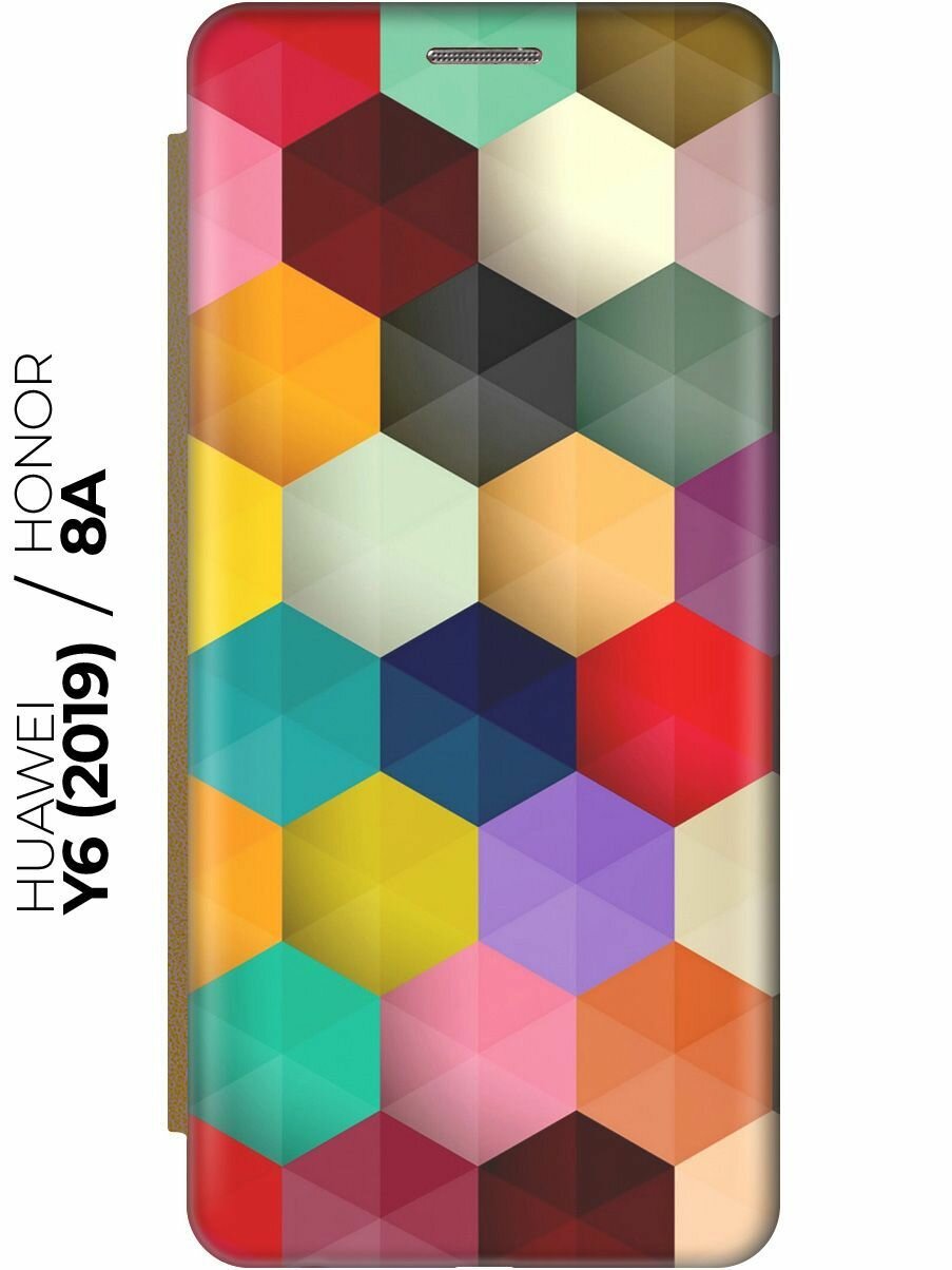 Чехол-книжка Разноцветный паттерн на Honor 8A / 8A Pro / Huawei Y6 (2019) / Y6 Prime (2019) / Хонор 8а / 8а Про / Хуавей У6 Прайм 2019 золотой