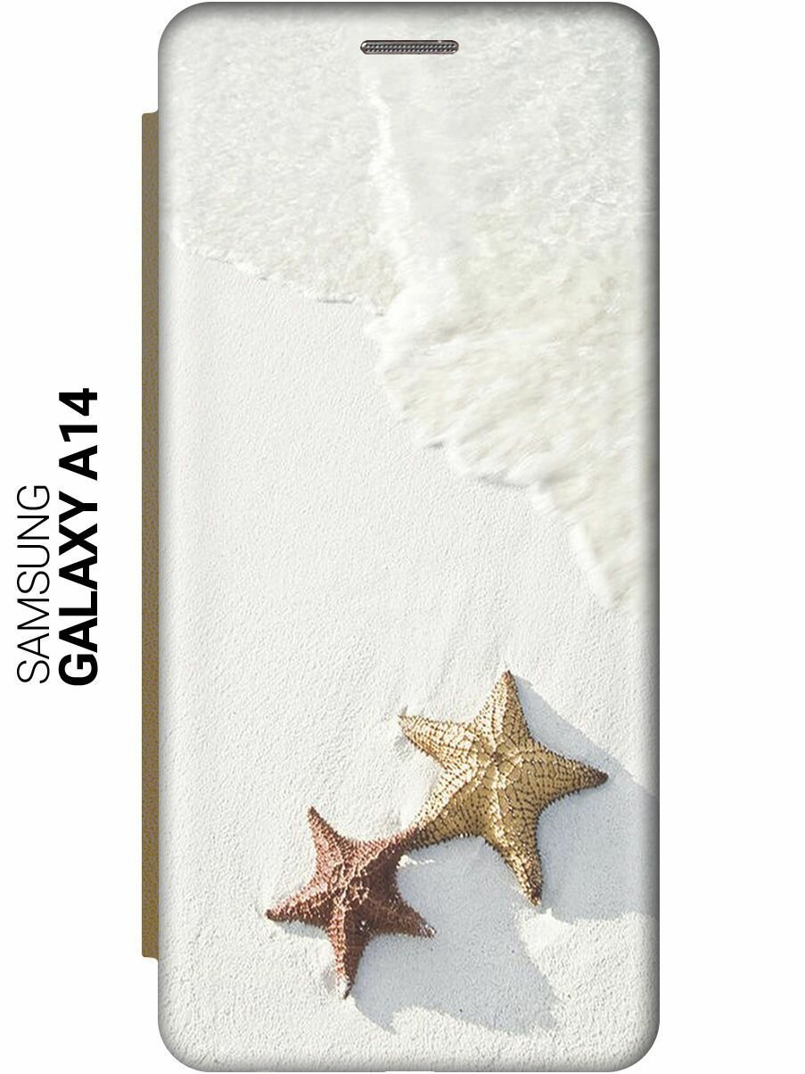 Чехол-книжка на Samsung Galaxy A14, Самсунг А14 c принтом "Две морские звезды" золотистый
