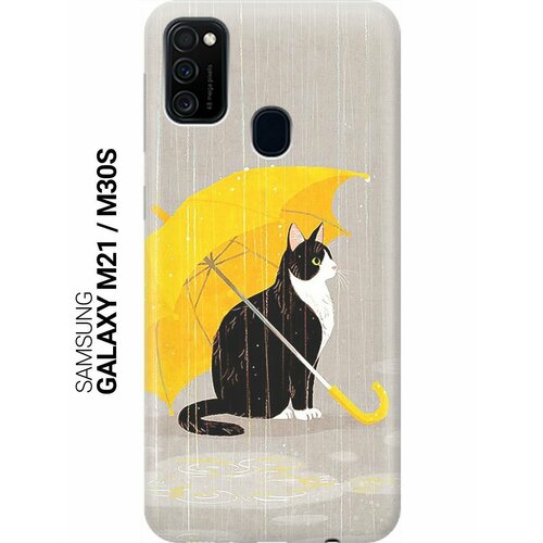 ультратонкий силиконовый чехол накладка для samsung galaxy a02s с принтом кот с желтым зонтом Ультратонкий силиконовый чехол-накладка для Samsung Galaxy M21, M30s с принтом Кот с желтым зонтом