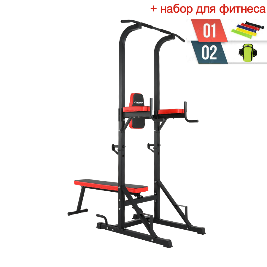 Турник-пресс-брусья со скамьей UNIX Fit POWER TOWER 120P + набор для фитнеса