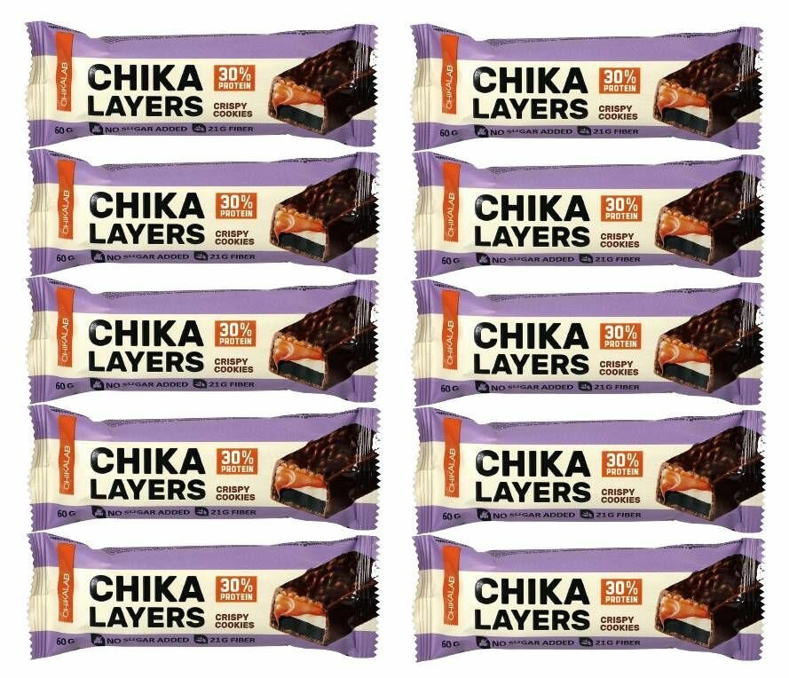 Протеиновый батончик в шоколаде Chikalab Chika Layers 5ти слойный Без сахара Хрустящее печенье, 60 гр (10 шт)