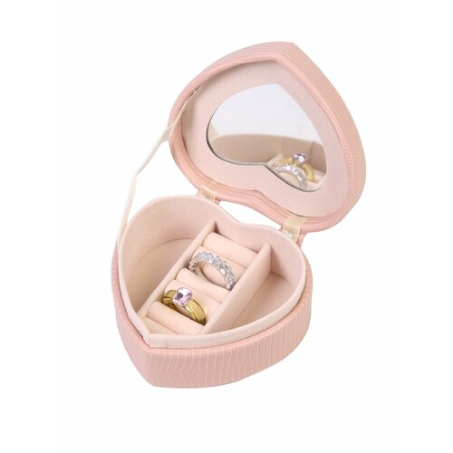 Шкатулка для украшений и часов маленькая в виде сердца с зеркалом розовая