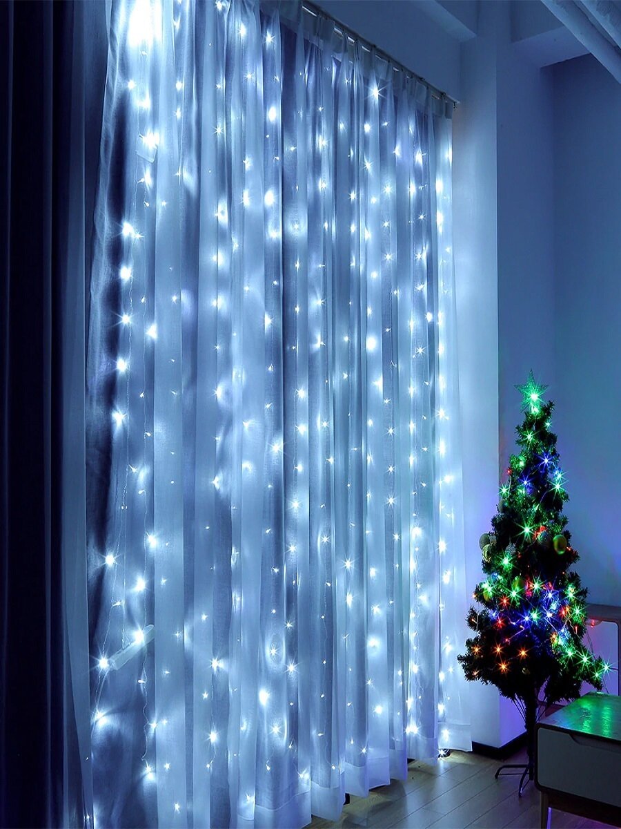 Гирлянда электрическая интерьерная 3х2 метра /320 LED/Светодиодная штора- занавес /Свет белый/Серия: Лапландия