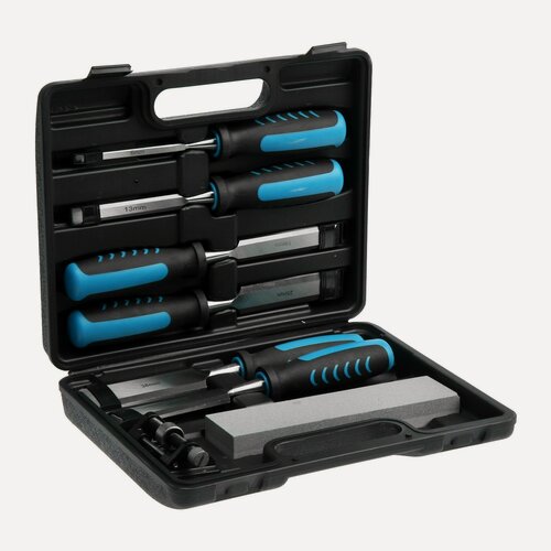 Изображение товара Набор стамесок тундра, 2К рукоятки, 45 сталь, 6 - 38 мм, с набором для заточки, кейс, 6 шт.