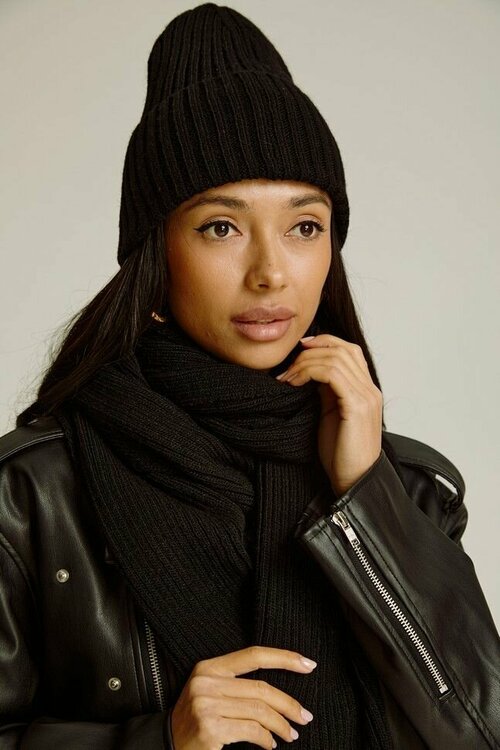 Комплект бини EDGE Шапка и шарф женские комплект из шерсти мериноса, черный, размер OneSize, черный