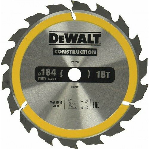 Пильн. диск CONSTRUCTION п/дер. с гвоздями 184/16 18 ATB +20° DeWalt