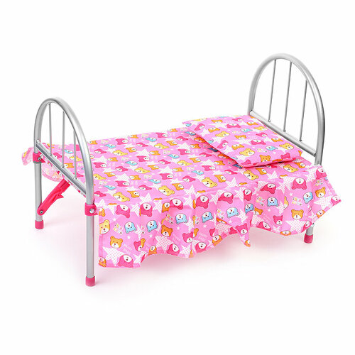 фото Кроватка для кукол, металлическая, со спальным комплектом, цвет медвежата на розовом melobo / melogo