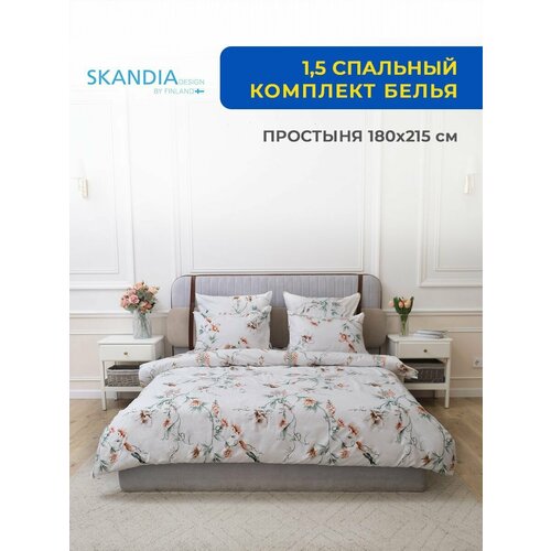 Комплект постельного белья SKANDIA design by Finland 1,5 спальный Микро Сатин, 4 наволочки, X122 Птицы и цветы на белом