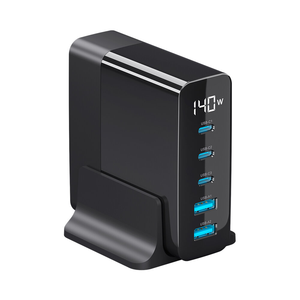 Зарядная станция Charging Station GaN 3xUSB Type-C, 2xUSB, PD, QC, 140Вт, черный, Deppa, Deppa 11437