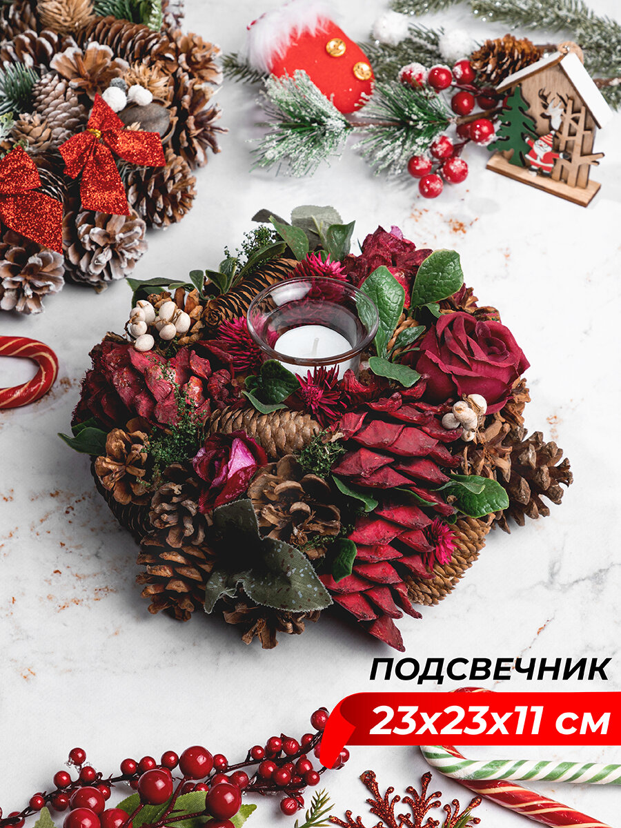 Новогоднее украшение подсвечник 23х23х11 см Elan Gallery Санта на 1 свечу круглый