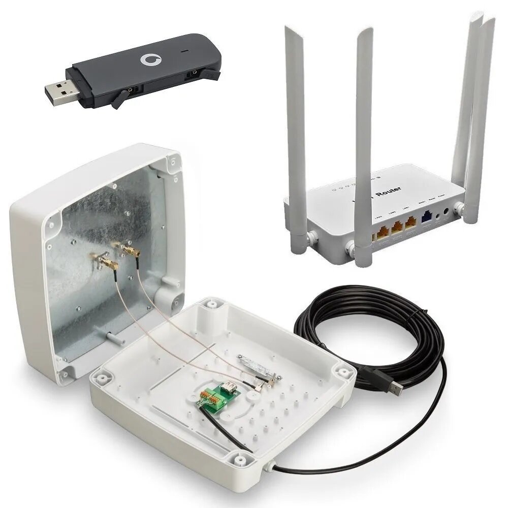 Комплект Интернет на дачу / в деревню BOX LTE Cat.4: антенна 4G с гермобоксом 15 дБи, USB-модем, WiFi-роутер, кабель 10 метров