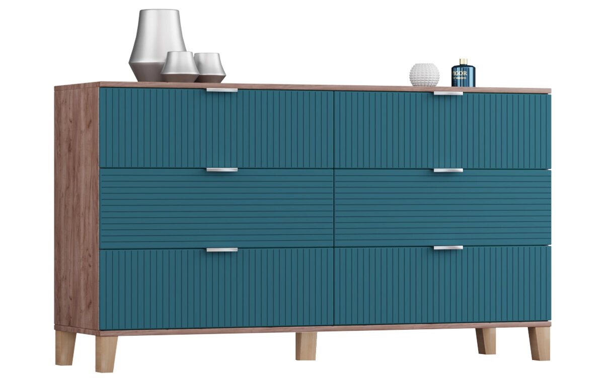 фото Комод Марвин 7 фрезеровка 8 Аквамарин 140x40x80 синий с 6 ящиками