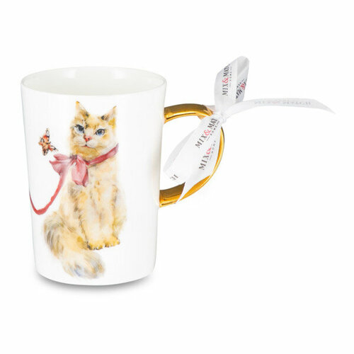 Кружка Mix&Match Синергия Кошка милашка 450 мл, золотистая ручка, фарфор костяной