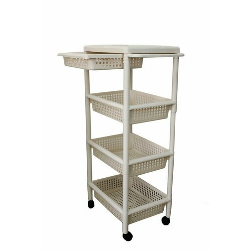 Этажерка пластиковая 4-х ярусная на колесах с крышкой