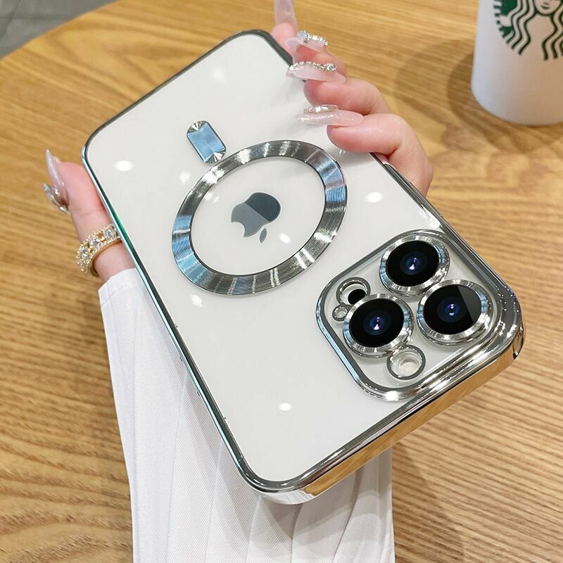 Магнитный силиконовый чехол на iPhone 15 PRO магсейф (на айфон 15 про) с поддержкой Magsafe с магнитной зарядкой и защитой камеры, серебристый — фото 1