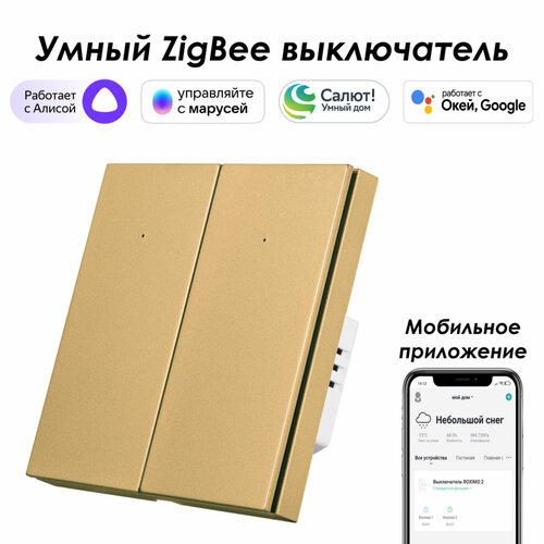 Умный Zigbee выключатель ROXIMO, двухкнопочный, золотой, SZBTN01-2G умный zigbee модуль выключателя реле roximo srm16az02