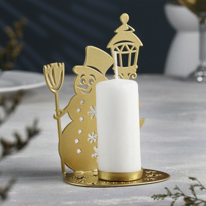 Подсвечник "Снеговик" металл на одну свечу, 7,5х10,7х15 см, золотой - фотография № 1