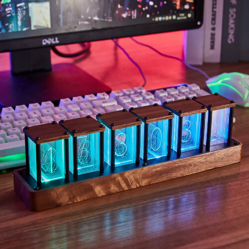 Настольные светодиодные часы Nixie tube Retro Wood коричневый, размер 216x60x75 мм