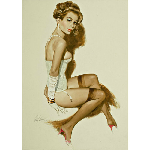 Интерьерный винтажный постер (плакат) на банере Девушка в корсете в стиле пинап. Американская графика середины XX века, 8459 см. А1
