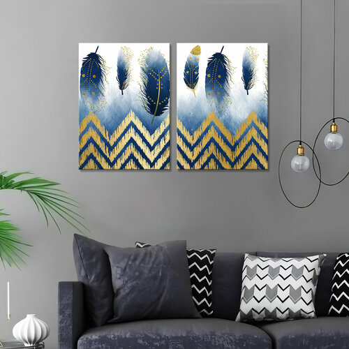 Картина интерьерная-Золотой орнамент синие перья (2 модуля-общий размер 70х100)