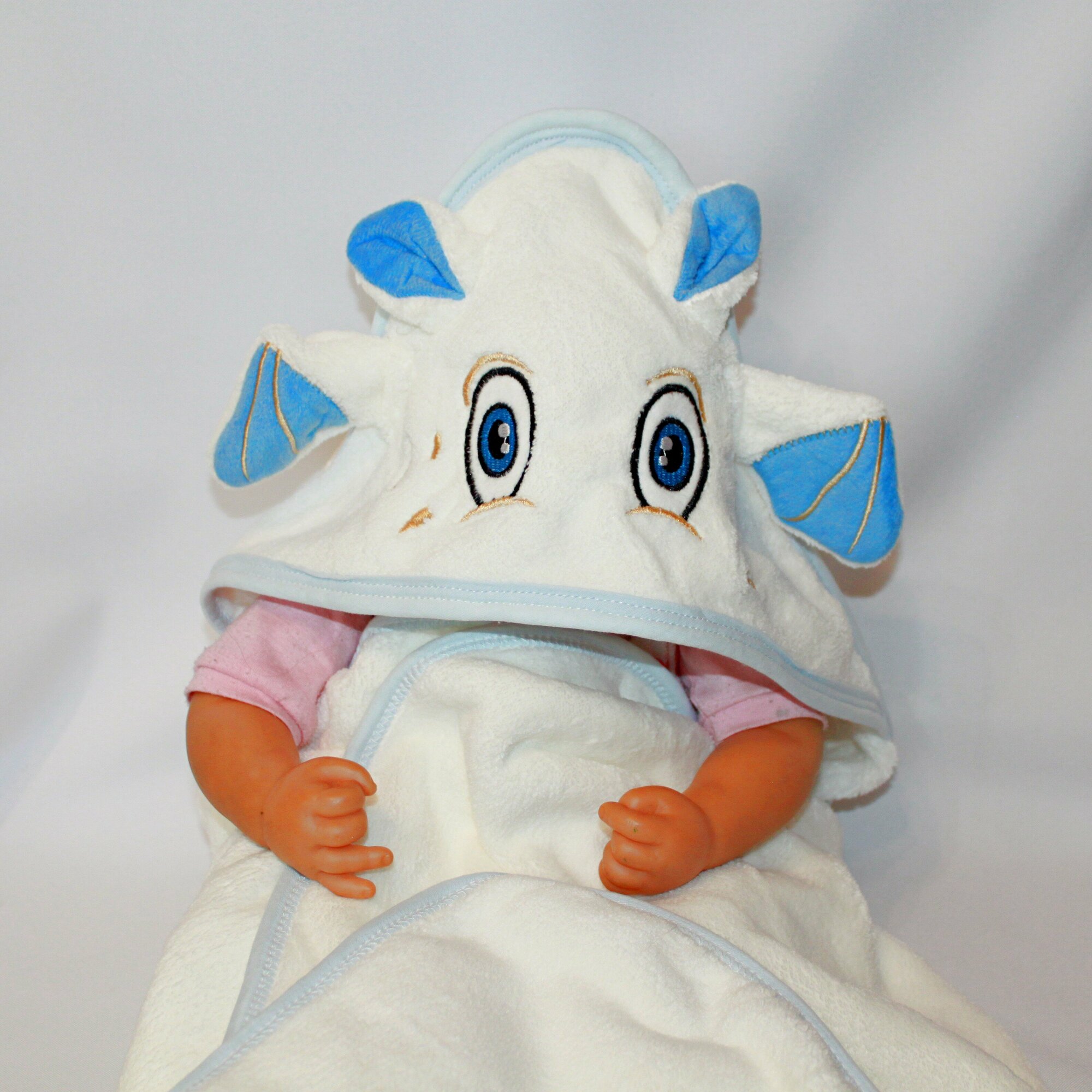 Детское полотенце уголок банное с капюшоном 80х80 см для малыша "Дракончик", белый