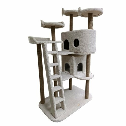 Игровой комплекс для кошек, Моя Котя, 2 домика и 4 лежанки, "Змей Горыныч", белый ковролин и джутовый канат
