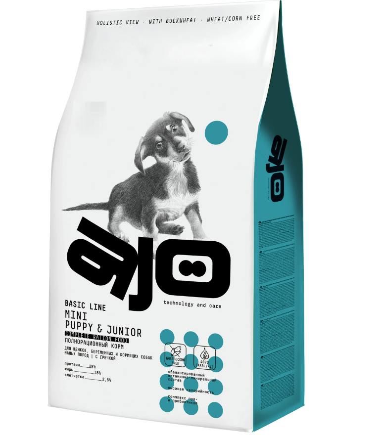 AJO Mini Puppy & Junior полнорационный сухой корм для щенков, беременных и кормящих собак малых пород с гречкой 2 кг