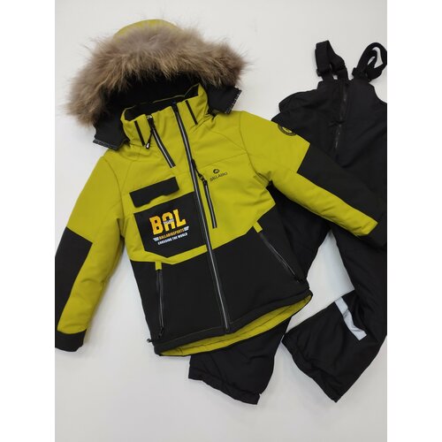 Комплект с полукомбинезоном Мой Ангелок зимний, ветрозащита, регулируемый край, светоотражающие элементы, мембранный, отделка мехом, водонепроницаемый, регулируемый капюшон, съемный мех, съемный капюшон, регулируемые манжеты, размер 128, зеленый