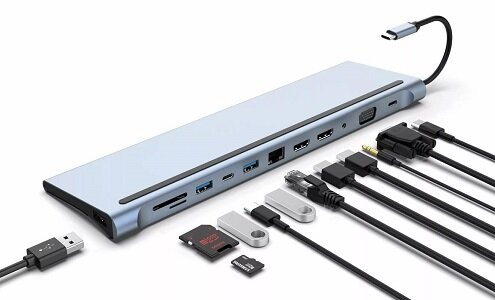 Адаптер TC--->2USB3.0+USB2.0+RJ45(100mbs)+2HDMI+VGA+PD+TypeC+TF+SD+audio, iOpen