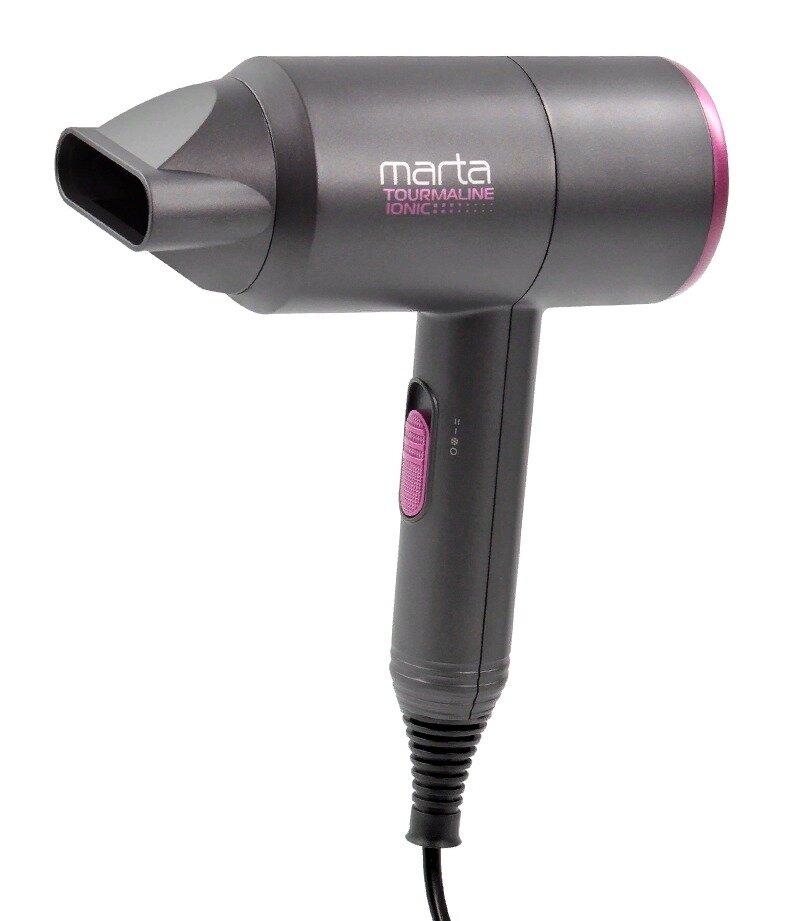 Фен для волос Marta / Марта MT-1268 с защитой от перегрева серый 3 температурных режима 2 мощности 1 насадка 1600Вт шнур 1.55м / для укладки