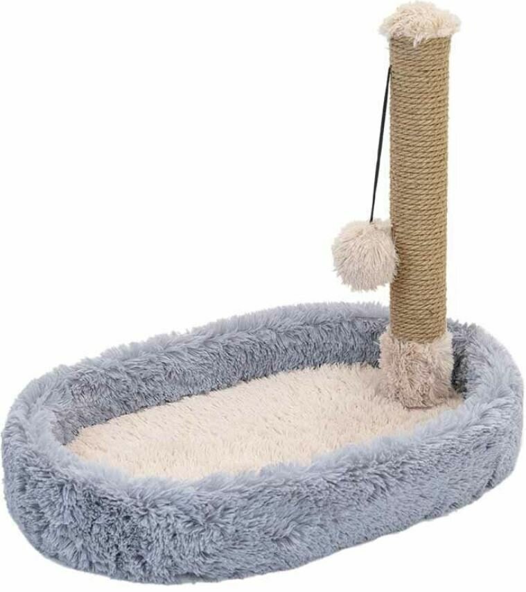 фото Yami-Yami Когтеточка-лежанка "Лагус" овальная со столбиком 55*36*h47см (пушистый мех, джут) серая 2.2 кг