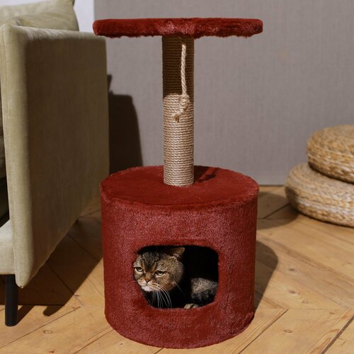 Когтеточка-домик 36х36х70 см, джут и мех, цвет красный