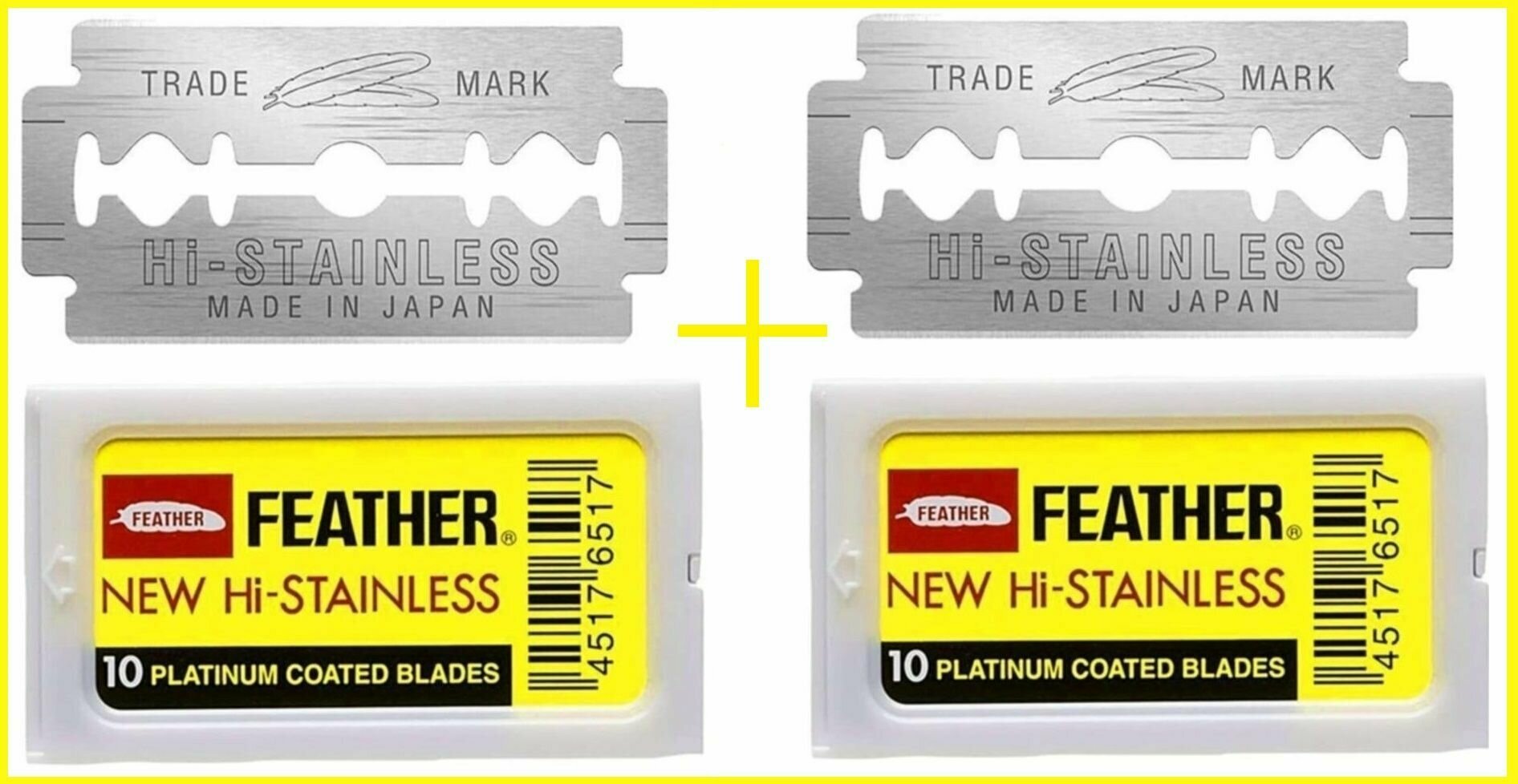 Лезвия двухсторонние японские для бритвы FEATHER "New Hi-Stainless", в диспенсере, классические, для T-образных бритв и шаветок, 2 упаковки по 10 шт.