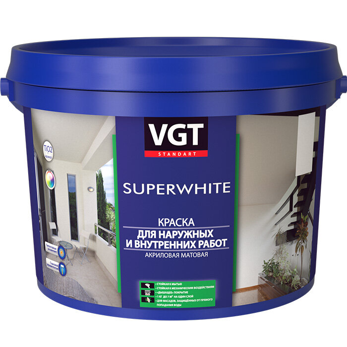 Краска для Наружных и Внутренних Работ VGT Superwhite ВД-АК-1180 3кг Акриловая, Супербелая, Матовая / ВГТ.