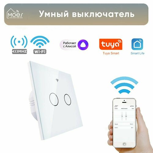 Умный сенсорный выключатель двухкнопочный Moes Wi-Fi+RF с Алисой умный выключатель белый однокнопочный wifi работает с алисой сенсорный