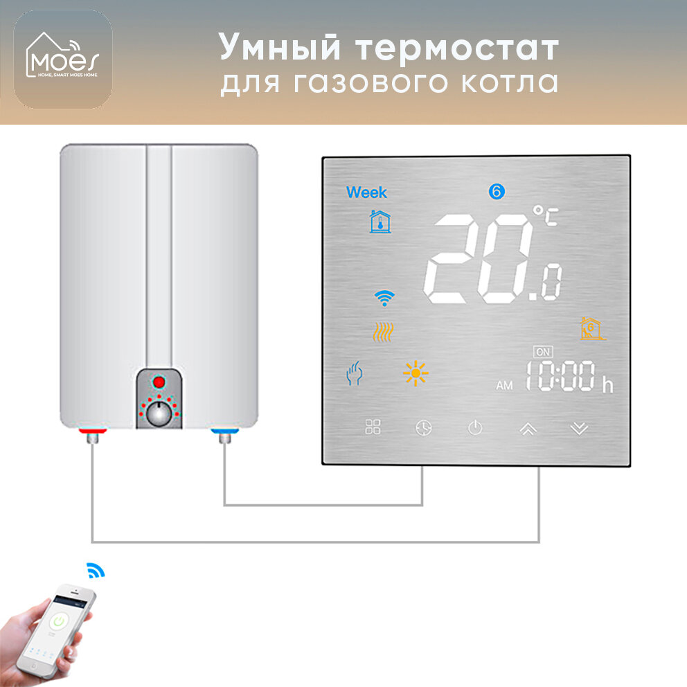 фото Умный термостат Moes Wi-Fi с Алисой для газового котла (BHT-3000GCLW-SS)