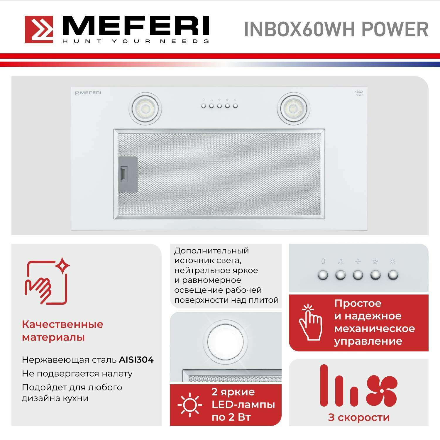 Полновстраиваемая вытяжка MEFERI INBOX60WH POWER, белый - фотография № 2