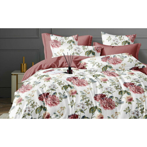 Евро постельное белье поплин белое с цветами