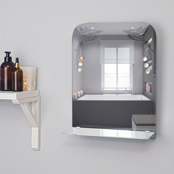 фото Зеркало «Райские птицы», с пескоструйной графикой и фьюзингом, настенное, с полочкой, 35×45