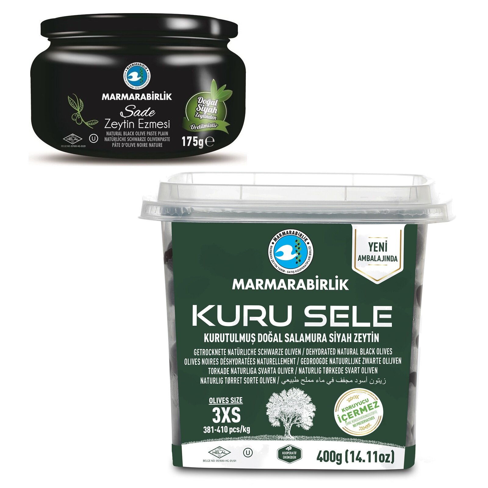 фото Паста из черных оливок, ст/б, 175 г + Оливки вяленые черные натуральные KURU SELE 3XS, с косточкой, пл/б, 400 г (MARMARABIRLIK, спайка 2 шт, 585г)