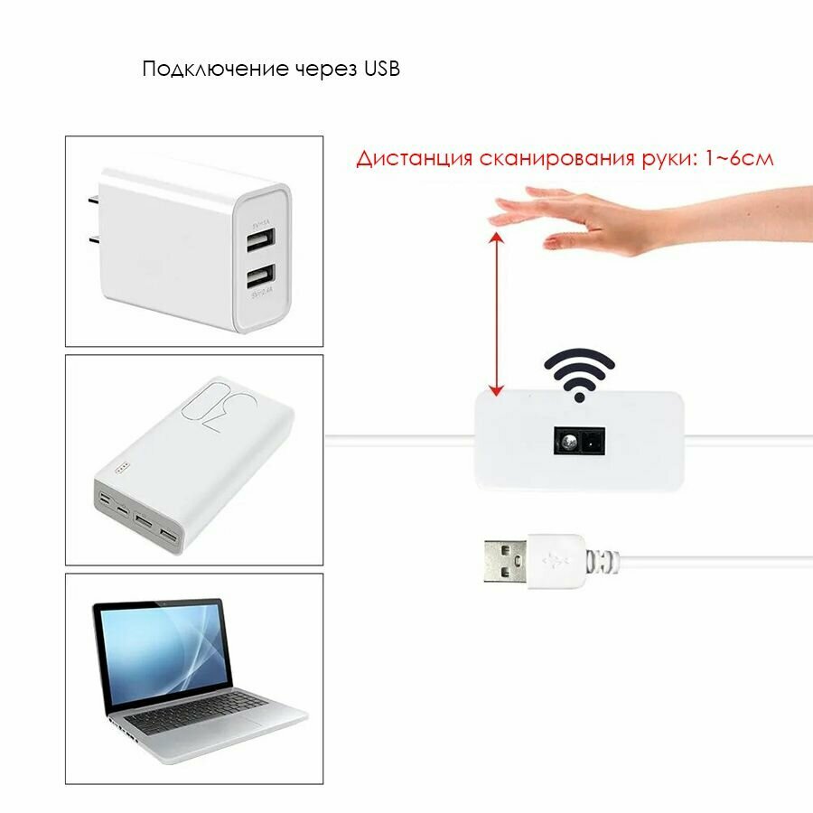 Светодиодная лента с датчиком движения 1 метр с диммером, холодный белый свет, подсветка для телевизора, кухни, питание 5 В от USB - фотография № 6