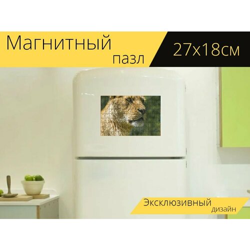 Магнитный пазл Львица, лев, животное на холодильник 27 x 18 см.