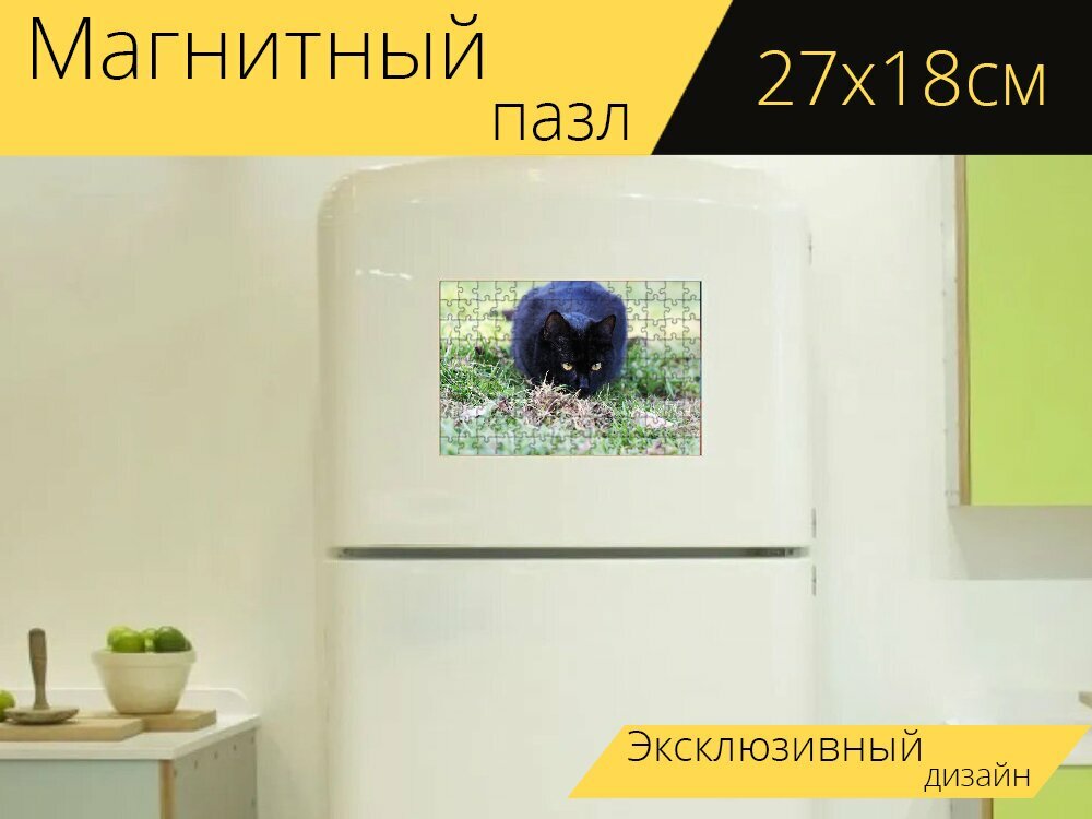 Магнитный пазл "Кошка, черный кот, чернить" на холодильник 27 x 18 см.